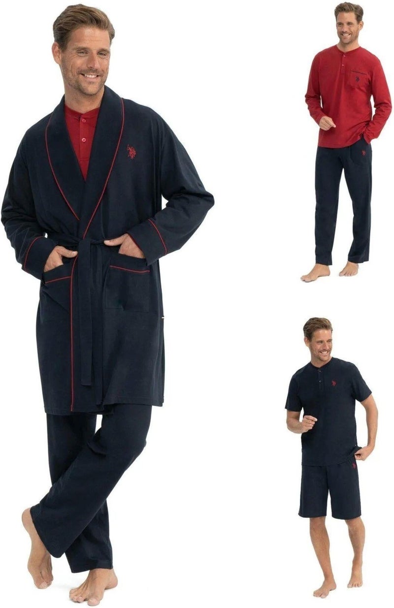 U.S. Polo Assn. 12040 Men's Navy Blue Dressing Gown Pajamas 5 Piece Shorts Set  - Image 1