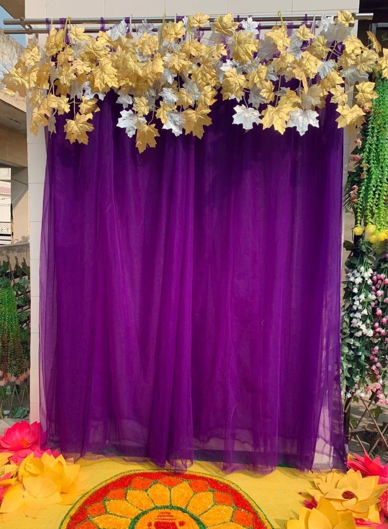 Ganpati Decoration Set, Double layer Purple Curtain Backdrop with 6 Artificial golden & silver maple leaf hangers, Traditional Puja Setup/Decorative  /Ganpati backdrop/Ganpati decor/Ganesh chaturthi/Ganpati hangings