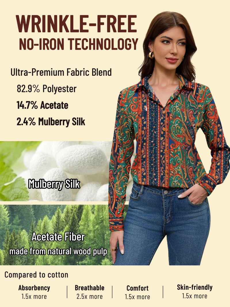 COUXILY Boho Chic Clothing Tops Shirts for Women Bohemian Clothes Blouses Dressy Casual Women's Top Business Long Sleeve Silk Button Down Blouse Up Shirt Dress Work Wrinkle Free Pattern 07 L - Image 3