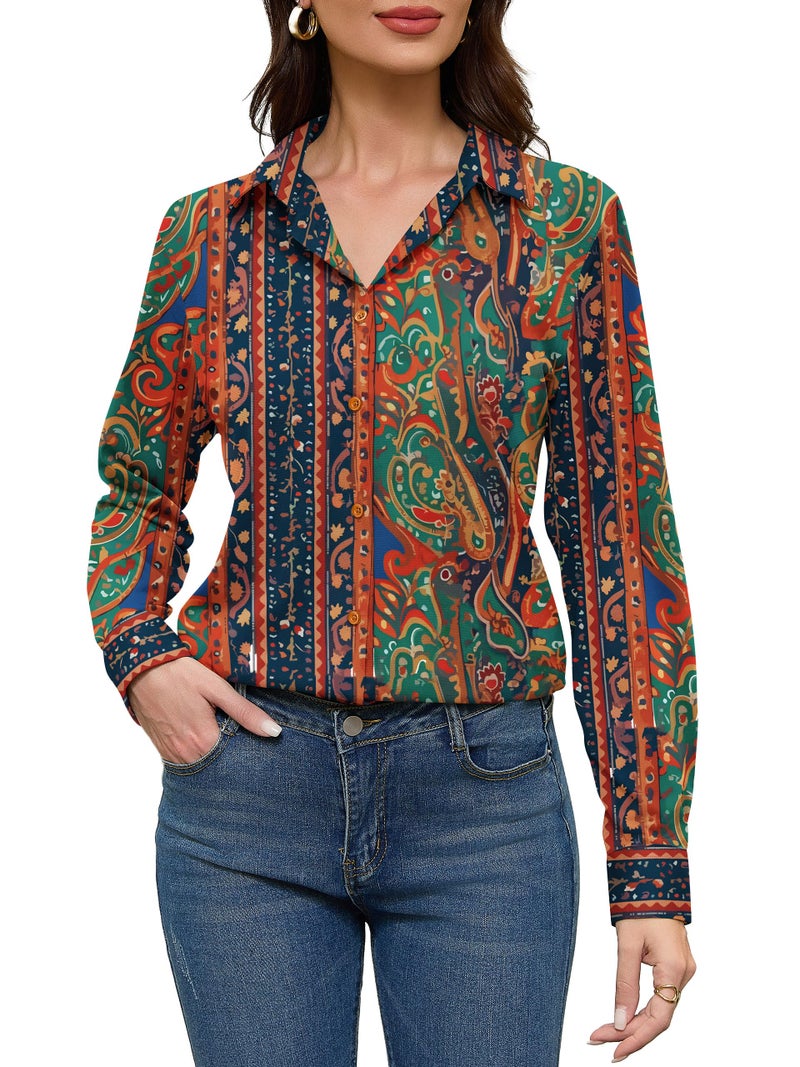 COUXILY Boho Chic Clothing Tops Shirts for Women Bohemian Clothes Blouses Dressy Casual Women's Top Business Long Sleeve Silk Button Down Blouse Up Shirt Dress Work Wrinkle Free Pattern 07 L - Image 2