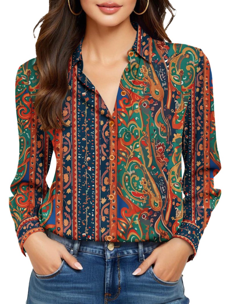 COUXILY Boho Chic Clothing Tops Shirts for Women Bohemian Clothes Blouses Dressy Casual Women's Top Business Long Sleeve Silk Button Down Blouse Up Shirt Dress Work Wrinkle Free Pattern 07 L - Image 1