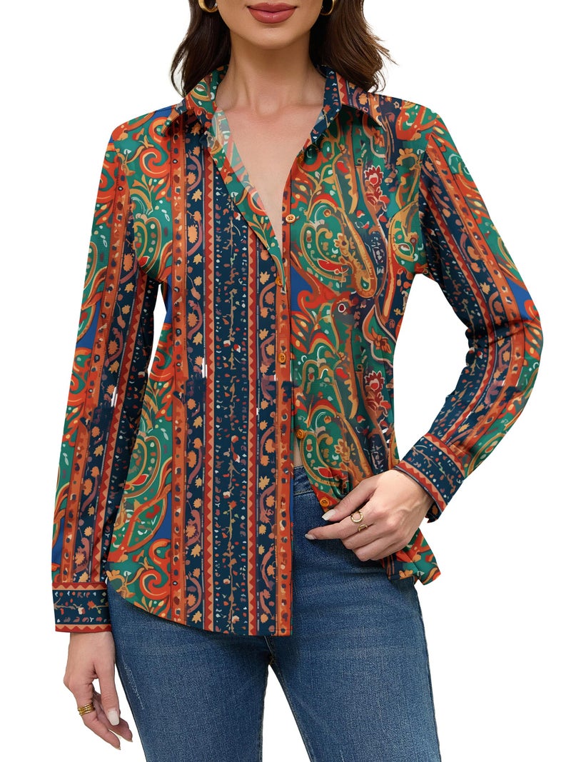 COUXILY Boho Chic Clothing Tops Shirts for Women Bohemian Clothes Blouses Dressy Casual Women's Top Business Long Sleeve Silk Button Down Blouse Up Shirt Dress Work Wrinkle Free Pattern 07 L - Image 4