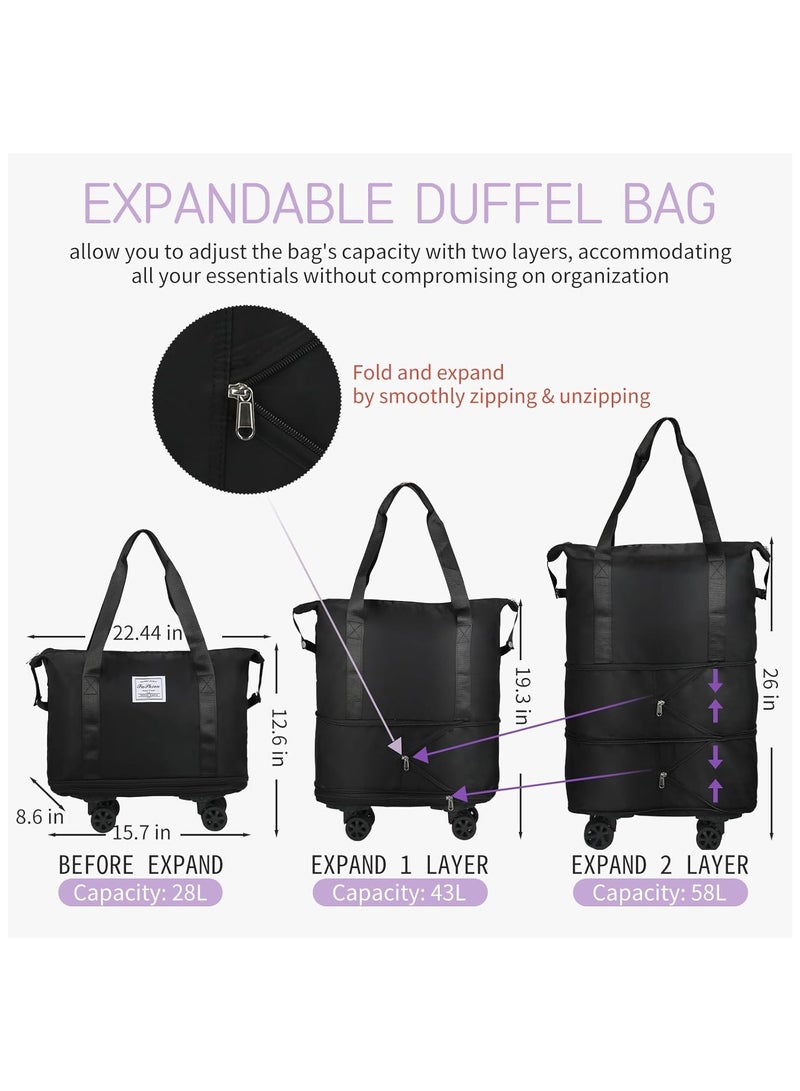 Rolling Duffle Bag with Wheels,Expandable Carry On Luggage Bag with Wheels,Foldable Duffle Bag for Travel,Weekend Bag for Women,Travel Duffel Bag with Spinner Wheels,Large Gym Bag (Black) - Image 2