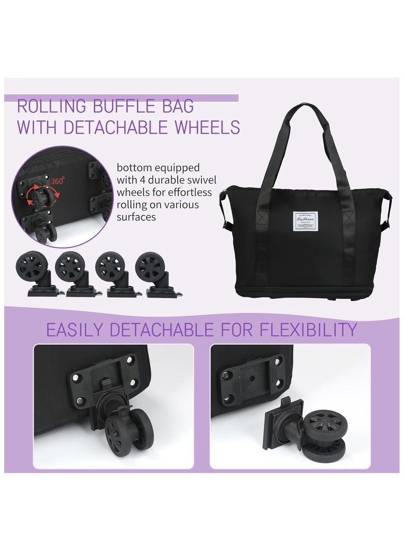 Rolling Duffle Bag with Wheels,Expandable Carry On Luggage Bag with Wheels,Foldable Duffle Bag for Travel,Weekend Bag for Women,Travel Duffel Bag with Spinner Wheels,Large Gym Bag (Black) - Image 5