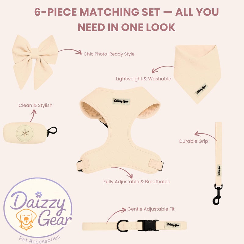 Daizzy Gear Medium Dog Harness Set â€“ Cute No Pull, All Weather, Breathable Harness and Leash Set with Collar, Bandana, Sailor Bow & Poop Bag Holder â€“ Adjustable, Soft & Stylish - Cream Hearts on Jacquard Fabric - Image 3