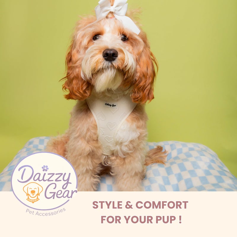 Daizzy Gear Medium Dog Harness Set â€“ Cute No Pull, All Weather, Breathable Harness and Leash Set with Collar, Bandana, Sailor Bow & Poop Bag Holder â€“ Adjustable, Soft & Stylish - Cream Hearts on Jacquard Fabric - Image 2