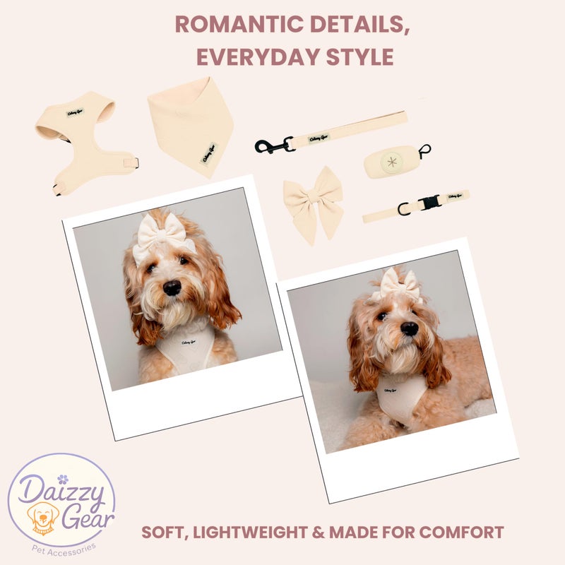 Daizzy Gear Medium Dog Harness Set â€“ Cute No Pull, All Weather, Breathable Harness and Leash Set with Collar, Bandana, Sailor Bow & Poop Bag Holder â€“ Adjustable, Soft & Stylish - Cream Hearts on Jacquard Fabric - Image 4