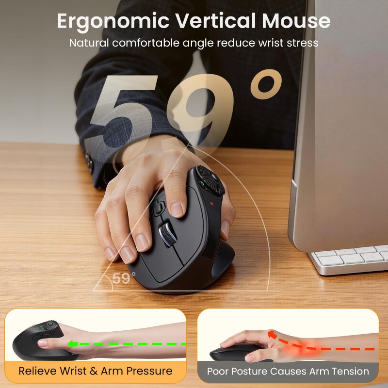 SABLUTE MAM51 Ergonomic Mouse Wireless with Side Scroll Wheel,Bluetooth Mouse with 4000 DPI,8 Buttons Office Wireless Computer Mouse,Small to Medium Sized Hands Vertical Mice for PC and Desktop-Black - Image 3
