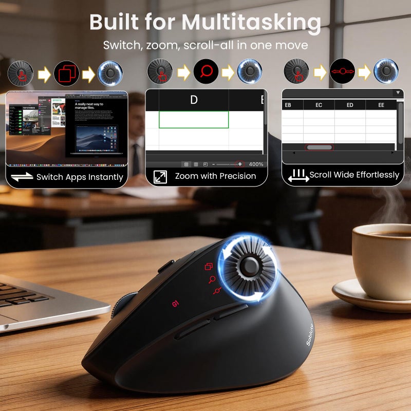 SABLUTE MAM51 Ergonomic Mouse Wireless with Side Scroll Wheel,Bluetooth Mouse with 4000 DPI,8 Buttons Office Wireless Computer Mouse,Small to Medium Sized Hands Vertical Mice for PC and Desktop-Black - Image 2
