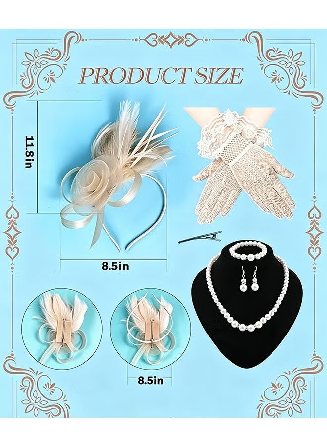 OMEVE 5 Pcs Party Fascinators Hat Veil Set with Mesh Flower Feather Fascinator Headband Pearl Jewelry & Lace Short Gloves for Girls and Women - Elegant Wedding Party Hat Tea Headwear Costume Accessories for Wedding Tea Party Derby Race Cosplay - Image 2