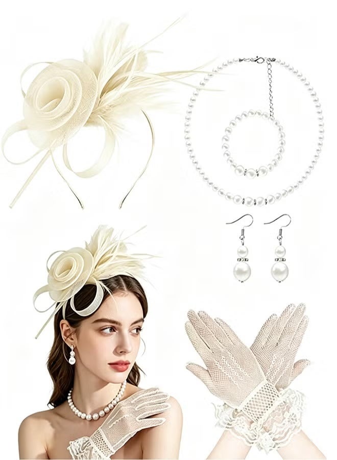 OMEVE 5 Pcs Party Fascinators Hat Veil Set with Mesh Flower Feather Fascinator Headband Pearl Jewelry & Lace Short Gloves for Girls and Women - Elegant Wedding Party Hat Tea Headwear Costume Accessories for Wedding Tea Party Derby Race Cosplay - Image 1