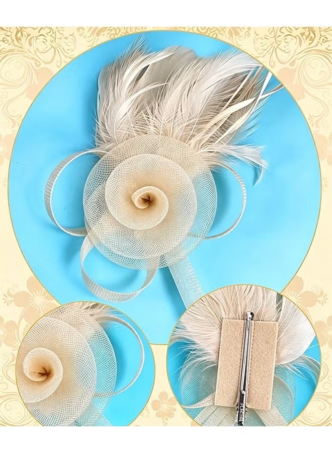 OMEVE 5 Pcs Party Fascinators Hat Veil Set with Mesh Flower Feather Fascinator Headband Pearl Jewelry & Lace Short Gloves for Girls and Women - Elegant Wedding Party Hat Tea Headwear Costume Accessories for Wedding Tea Party Derby Race Cosplay - Image 3