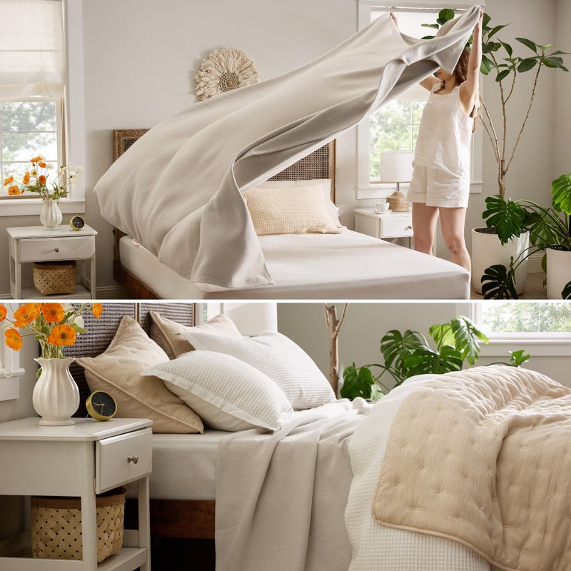 Bedsure بطانية Bedsure GentleSoft 100% قطن بحجم كوين للسرير - قابلة للتنفس وخفيفة الوزن، ناعمة ومريحة بنسيج هيرينغبون المنسوج للشتاء، لون بيج كتان، 90x90 بوصة - Image 4