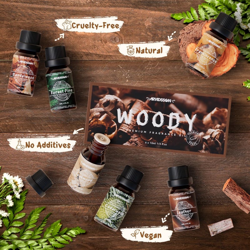 ARVIDSSON Woody Essential Oils Set, ARVIDSSON Woodsy Fragrance Oil for Candle Making, Sandalwood, Leather, Teakwood, Frankincense, Cedarwood, Pine, Diffuser Essential Oil for Men and Women - Image 5