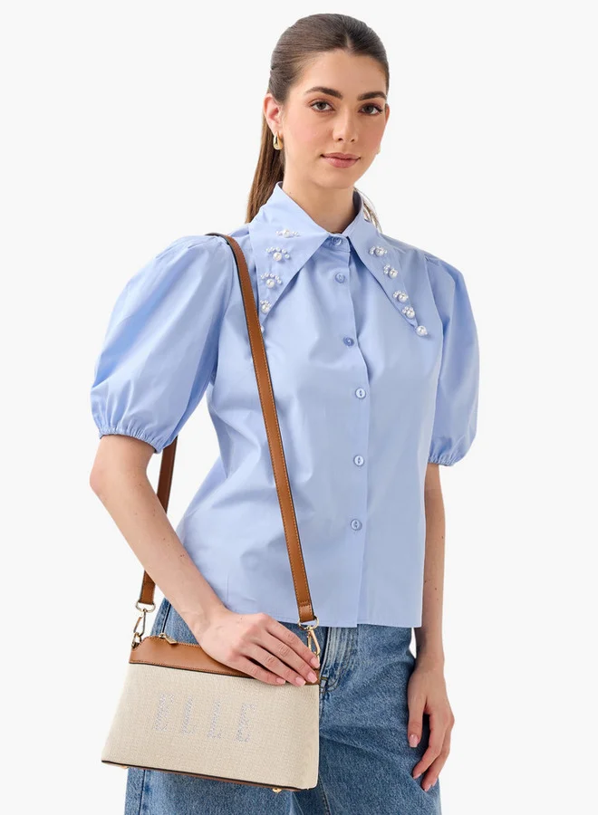 ELLE Logo Detail Crossbody Bag with Adjustable Strap and Zip Closure