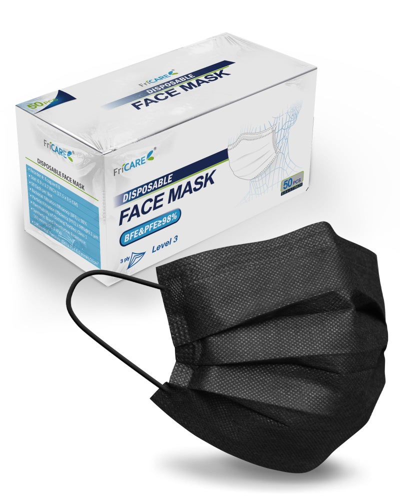 FriCARE Disposable Face Masks, 3-Ply ASTM Level 3 Medical Grade, FSA/HSA Eligible, Breathable & Comfortable for Allergy/Sun Protection, 50 Pack Black - Image 1