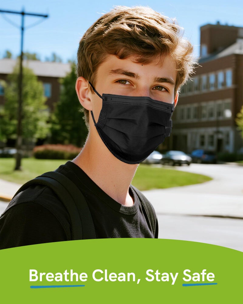 FriCARE Disposable Face Masks, 3-Ply ASTM Level 3 Medical Grade, FSA/HSA Eligible, Breathable & Comfortable for Allergy/Sun Protection, 50 Pack Black - Image 4