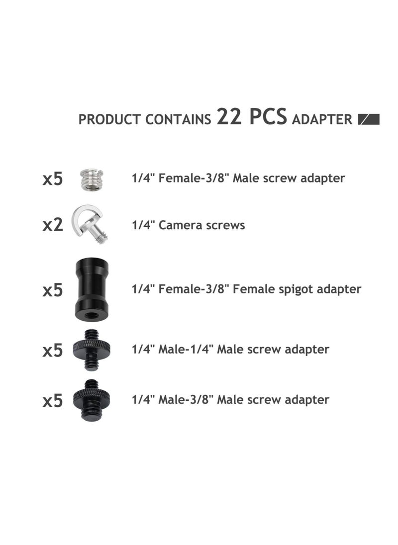 Y&D - Camera Screw Adapter, 1/4 to and 3/8 with D-Ring Tripod Mount Converter Set, for Camera/ Tripod/ Monopod/ Ballhead/ Light Stand/ Shoulder Rig (22 Pcs) - Image 1