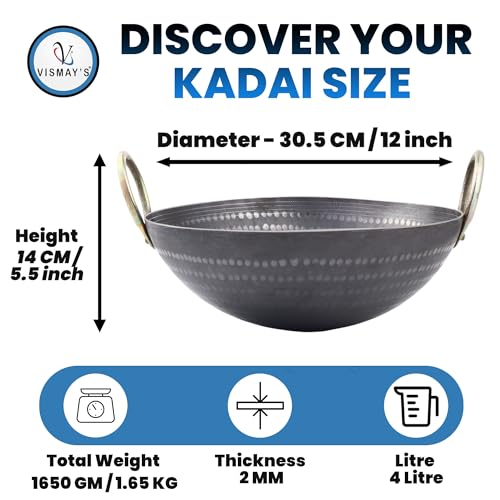 VISMAY'S 4 Litre 12 inch Food Grade Iron Kadai India’s 1st Smooth Edge Kadhai Strong Riveted Handle Traditional Frying Pan Wok Hammered Heavy Base Metal Spoon Friendly Works on Gas and Induction - Image 2