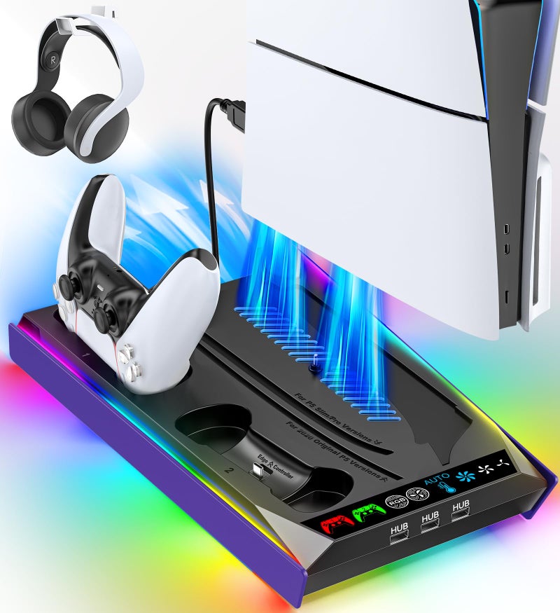 Rysker P5SlimPro Stand and Cooling Station with LED Controller Charging Station P5 Controller Charger P5SlimPro Accessories Kit with 3 Level Cooling Fan Galactic Purple - Image 2