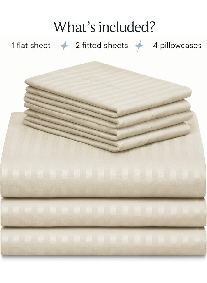 LuxClub 7 PC Split King Size Sheet Set Bedsheets, Rayon Made from Bamboo Bed Sheets, Deep Pockets 18'' Wrinkle Free Cooling Bed Sheets Machine Washable Hotel Bedding (Split King, Striped Cream)