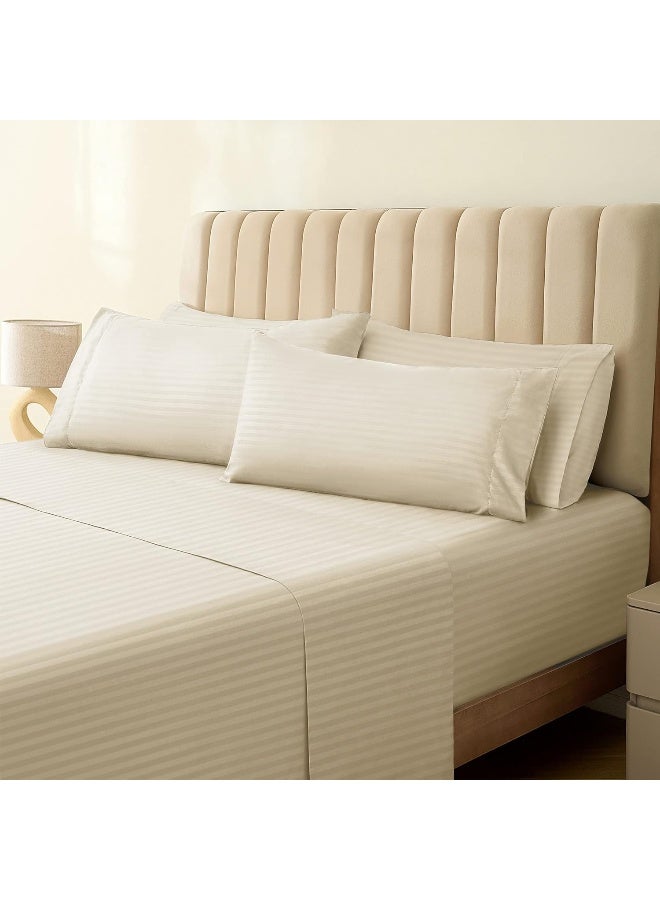 LuxClub 7 PC Split King Size Sheet Set Bedsheets, Rayon Made from Bamboo Bed Sheets, Deep Pockets 18'' Wrinkle Free Cooling Bed Sheets Machine Washable Hotel Bedding (Split King, Striped Cream)