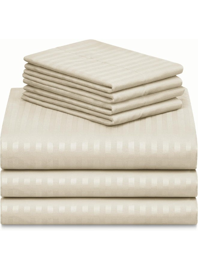 LuxClub 7 PC Split King Size Sheet Set Bedsheets, Rayon Made from Bamboo Bed Sheets, Deep Pockets 18'' Wrinkle Free Cooling Bed Sheets Machine Washable Hotel Bedding (Split King, Striped Cream)