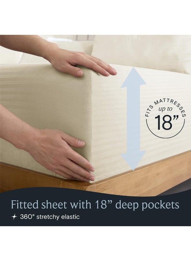 LuxClub 7 PC Split King Size Sheet Set Bedsheets, Rayon Made from Bamboo Bed Sheets, Deep Pockets 18'' Wrinkle Free Cooling Bed Sheets Machine Washable Hotel Bedding (Split King, Striped Cream)