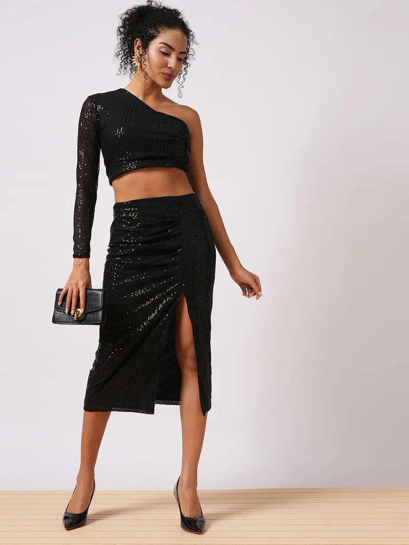 globus Globus Women Black Embellished Sequinned One Shoulder Crop Top With Ruched Midi Skirt