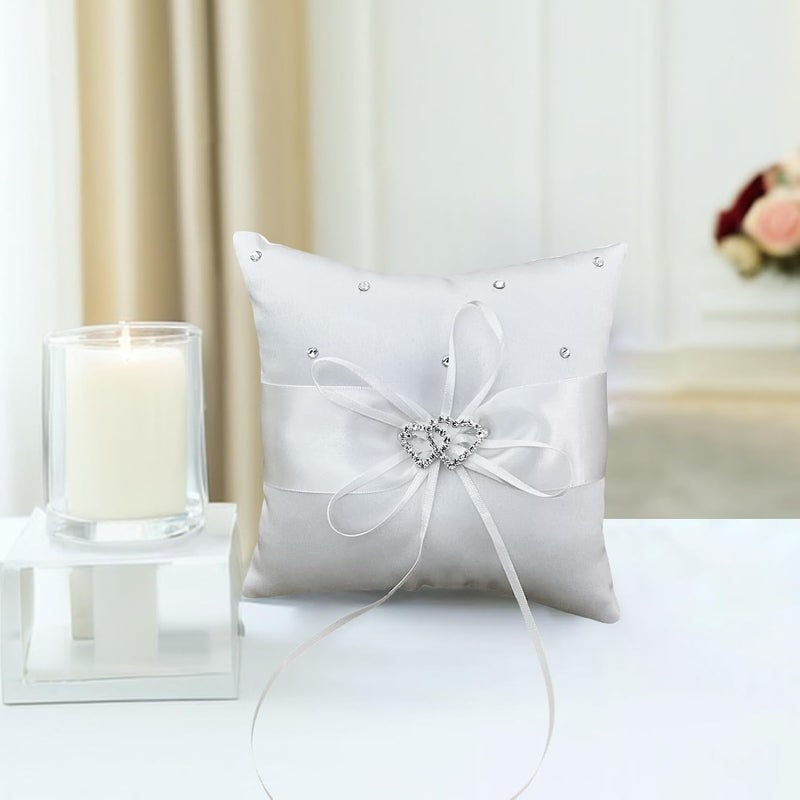 COSLANLEE Wedding Ring Bearer Pillow Set, White Satin with Crystal Hearts, Lace Bow Ring Cushion Holder Square Decorative for Beach Wedding Proposal Ceremony Party 4 x 4 inches (2Pack) - Image 5