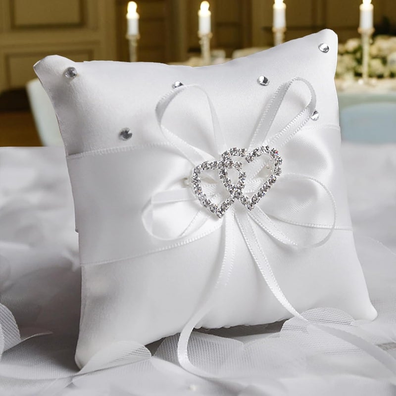 COSLANLEE Wedding Ring Bearer Pillow Set, White Satin with Crystal Hearts, Lace Bow Ring Cushion Holder Square Decorative for Beach Wedding Proposal Ceremony Party 4 x 4 inches (2Pack) - Image 4
