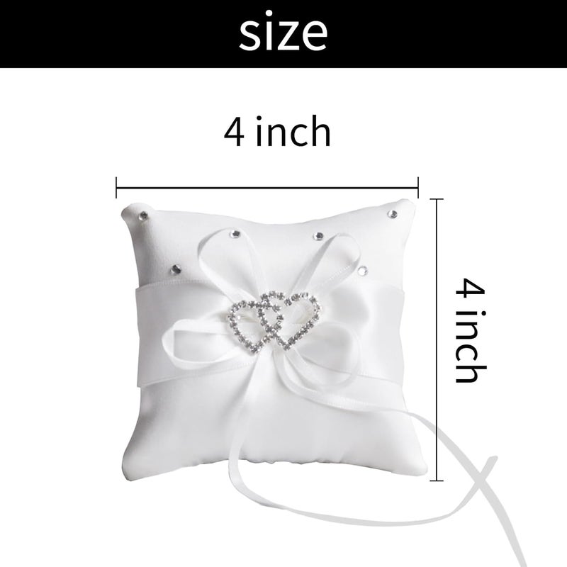 COSLANLEE Wedding Ring Bearer Pillow Set, White Satin with Crystal Hearts, Lace Bow Ring Cushion Holder Square Decorative for Beach Wedding Proposal Ceremony Party 4 x 4 inches (2Pack) - Image 2