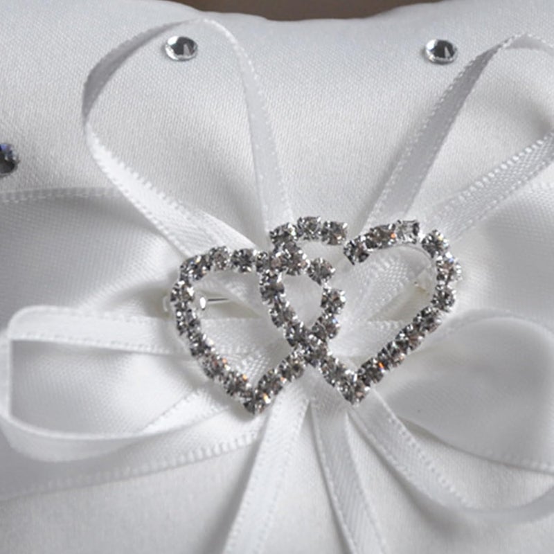 COSLANLEE Wedding Ring Bearer Pillow Set, White Satin with Crystal Hearts, Lace Bow Ring Cushion Holder Square Decorative for Beach Wedding Proposal Ceremony Party 4 x 4 inches (2Pack) - Image 3