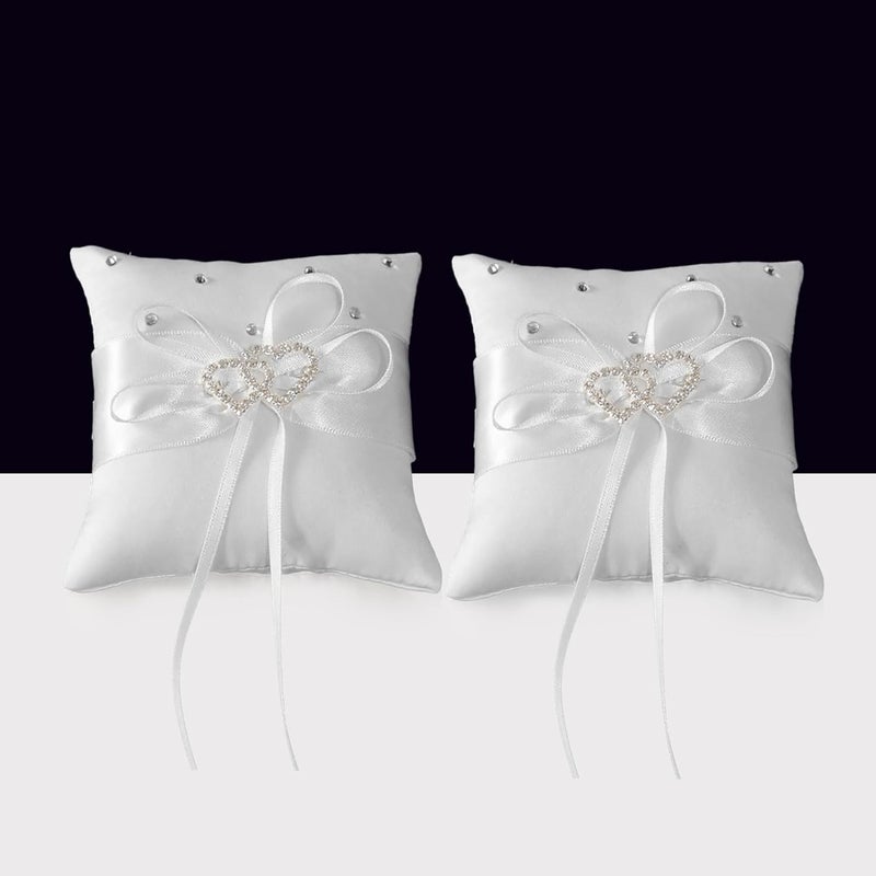 COSLANLEE Wedding Ring Bearer Pillow Set, White Satin with Crystal Hearts, Lace Bow Ring Cushion Holder Square Decorative for Beach Wedding Proposal Ceremony Party 4 x 4 inches (2Pack) - Image 1