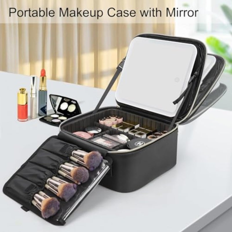 Travel makeup bag with mirror and light, polyester fabric, black, portable with adjustable dividers and brush storage - Image 2