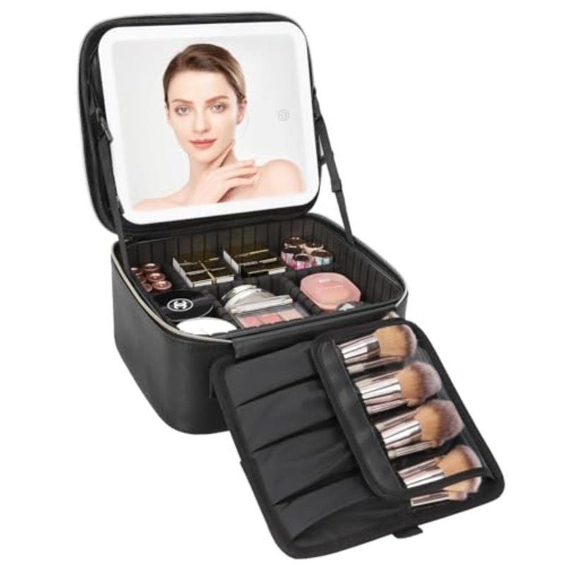 Travel makeup bag with mirror and light, polyester fabric, black, portable with adjustable dividers and brush storage - Image 1