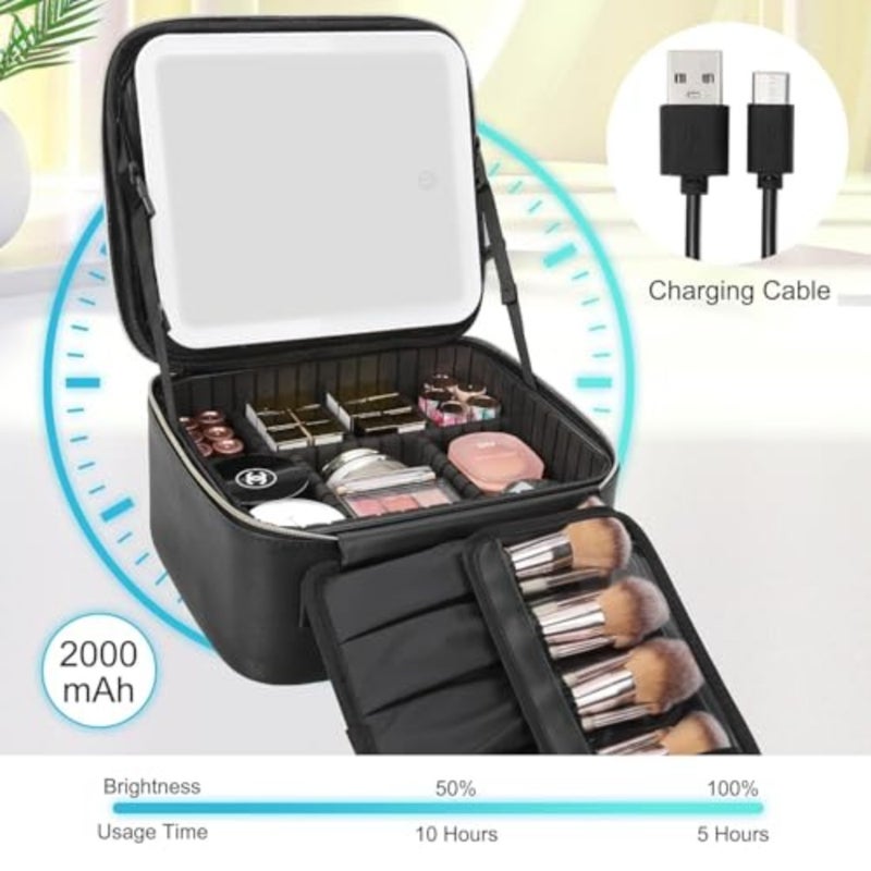 Travel makeup bag with mirror and light, polyester fabric, black, portable with adjustable dividers and brush storage - Image 4