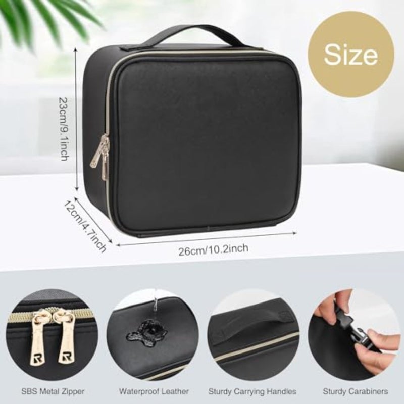 Travel makeup bag with mirror and light, polyester fabric, black, portable with adjustable dividers and brush storage - Image 5