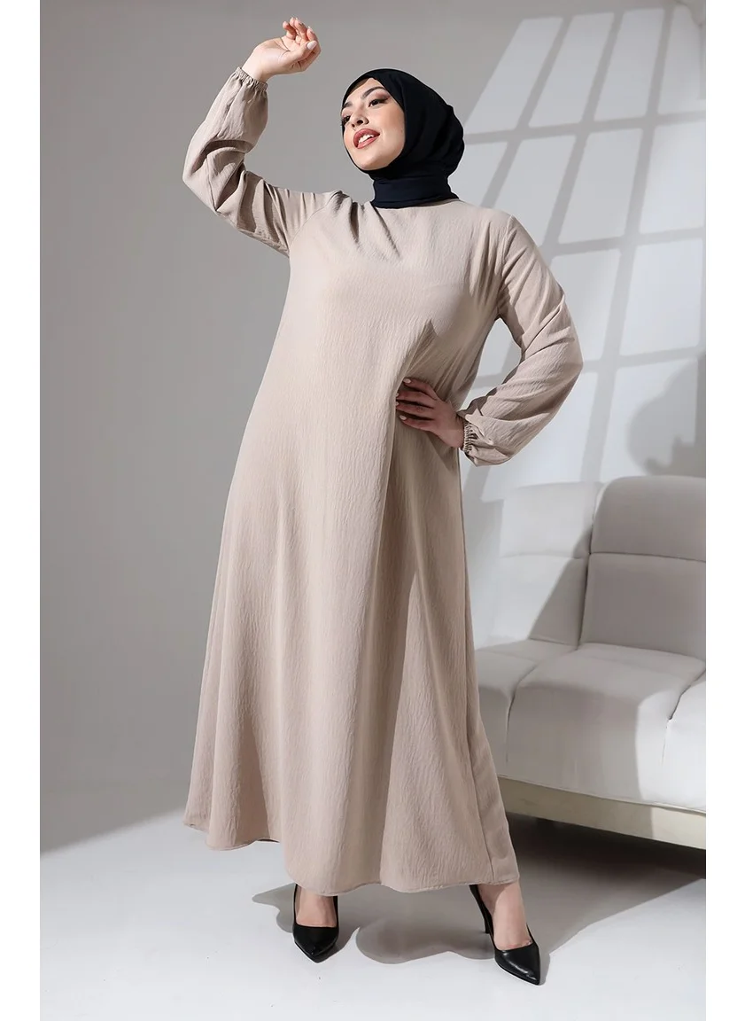 Sefa Merve Plus Size Elastic Sleeve Plain Dress 0712-01 Mink