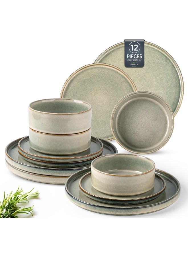 AmorArc Ceramic Dinnerware Sets Handmade Reactive Glaze Stoneware Plates and Bowls Sets - Image 1
