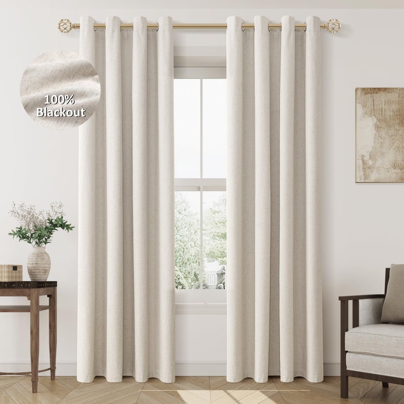 Jowels Beige Linen Blackout Curtains 80 Length 2 Panels Set for Living Room Bedroom  100% Black Out Thermal Insulated Linen Drapes  Room Darkening Grommet Curtains 80 Inches Long - Image 1