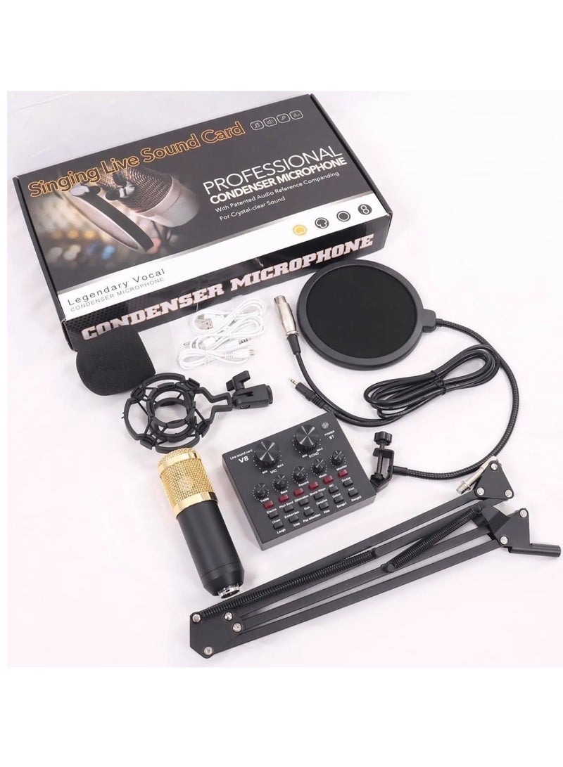 Studio Condenser Microphone Bundle V8 Sound Card For Live Streaming Podcasting  - Image 1