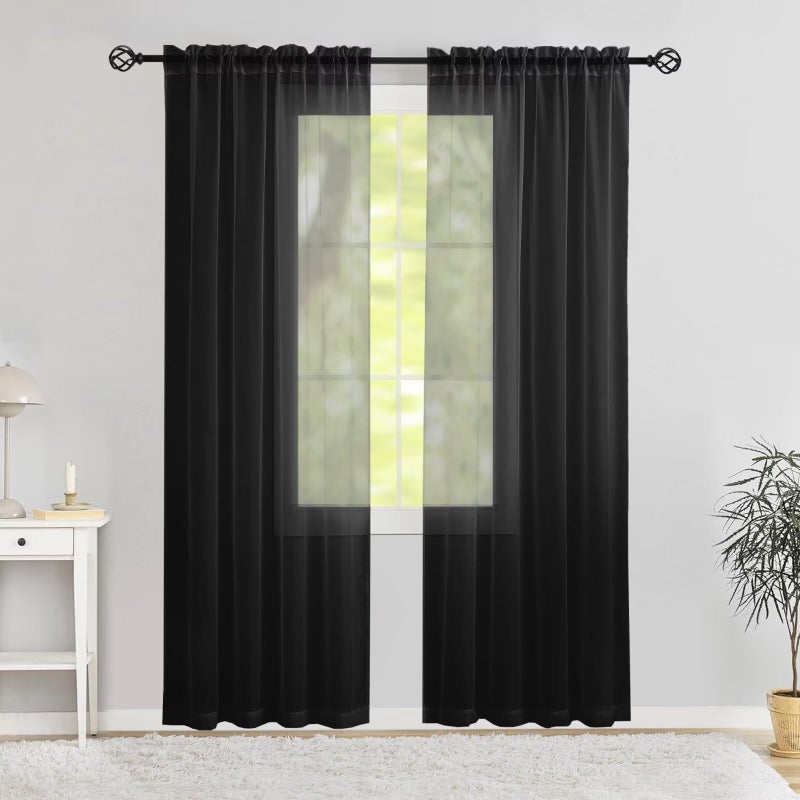 Karseteli Semi Voile Sheer Curtains 84 Inches Long 2 Panels Rod Pocket Window Treatment for Living Room Bedroom Dining Room(Black 42" W x 84" L) - Image 1