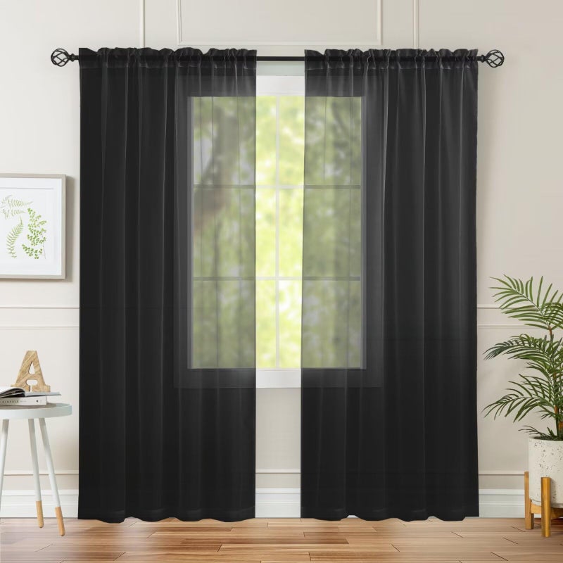 Karseteli Semi Voile Sheer Curtains 84 Inches Long 2 Panels Rod Pocket Window Treatment for Living Room Bedroom Dining Room(Black 42" W x 84" L) - Image 3