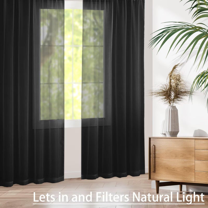 Karseteli Semi Voile Sheer Curtains 84 Inches Long 2 Panels Rod Pocket Window Treatment for Living Room Bedroom Dining Room(Black 42" W x 84" L) - Image 4