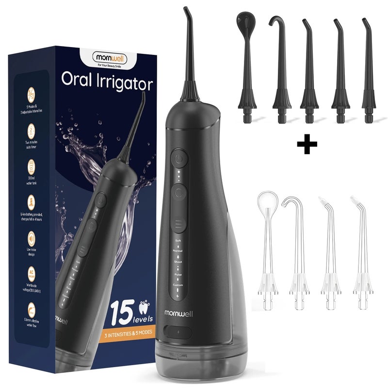 Mornwell Oral Irrigator with 5 Jet Tips , 5 Cleaning Modes of 3 water pressure , 300ml Tank IPX7 Waterproof Water Flosser - Image 1