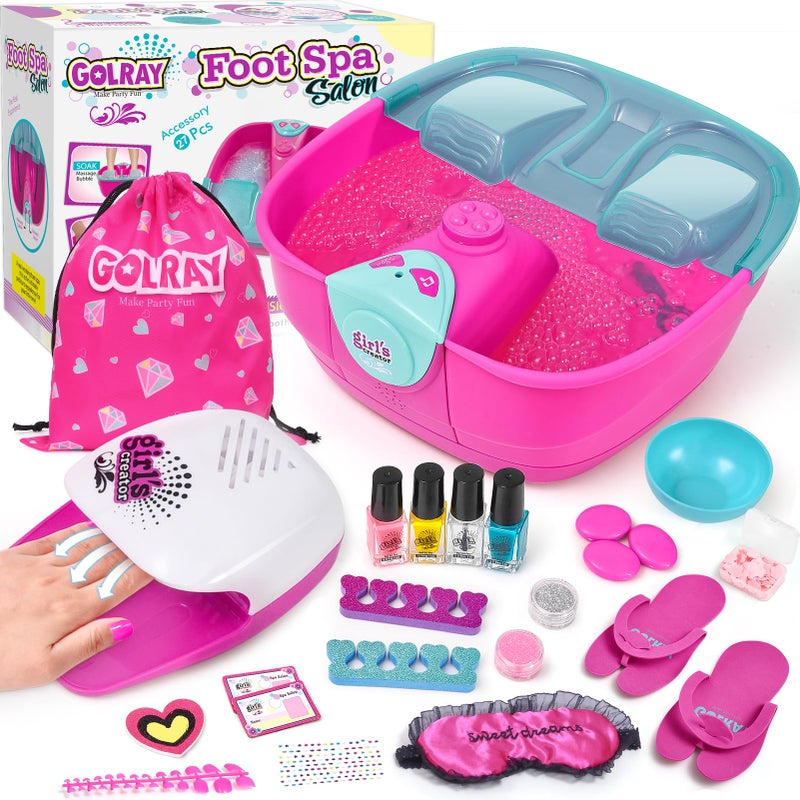 Golray Kid Foot Spa & Nail Kit, Girl Gift for 5 6 7 8-12 Year Old Toys Manicure Pedicure Art Salon, Massage Bubble & Music Foot Soak Tub, Spa Day Sleepover Party Supply Christmas Girl Birthday Gift - Image 1