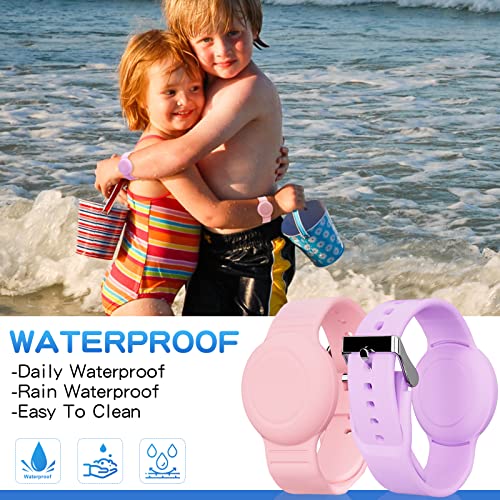 AGMZ Waterproof Bracelet Compatible with Airtag (1st & 2nd Gen) for Kid, 2 Pack Soft Silicone Hidden Wristband, Lightweight Tracker Watch Band Compatible with Apple Air Tag for Child, Purple & Pink - Image 2