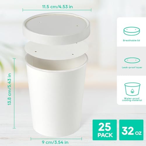 JOLLY PARTY 25pack 32oz Paper Soup Containers with Lids, Disposable Food Cups, White Ice Cream Bowls, Paper food Storage with Vented Lids, for Restaurants, To-Go Lunch - Image 2
