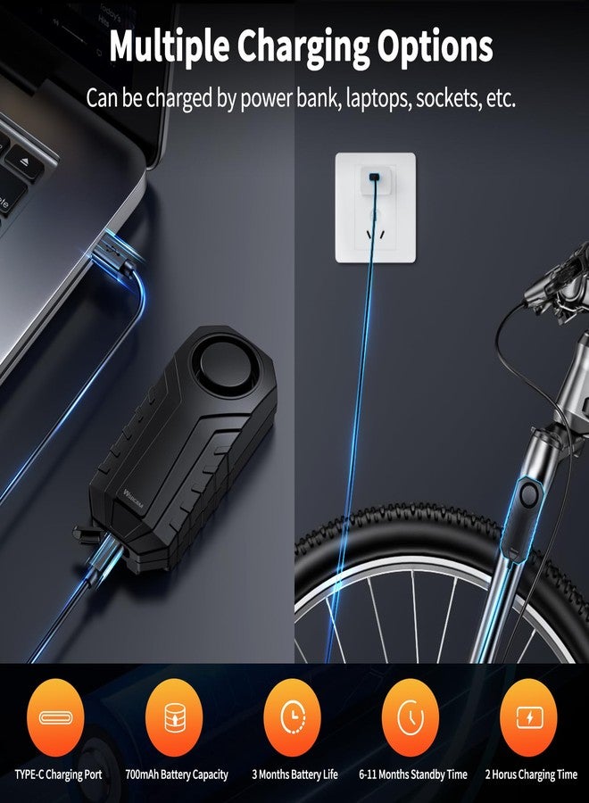 WSDCAM Wireless Bike Alarm with Remote, Rechargeable 113dB Loud Bicycle Alarm System Anti Theft, IP65 Waterproof, Bike Alarms for E-Bikes, Motorcycles, Scooter, Outdoor Riding and Cycling Safety - Image 4